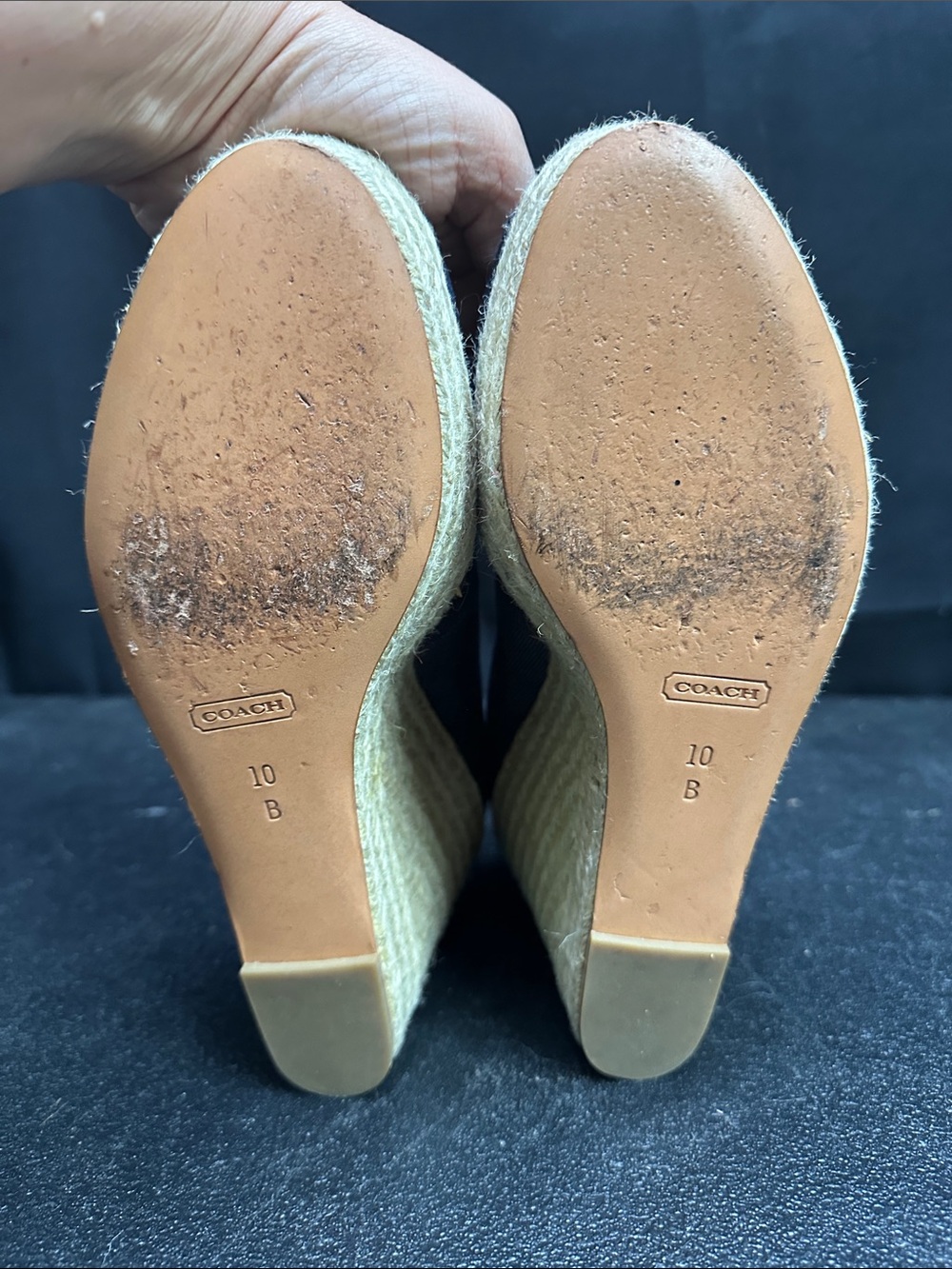 Coach Navy Denim Espadrille Wedges with Tan Leather Trim - Picture 9 of 9